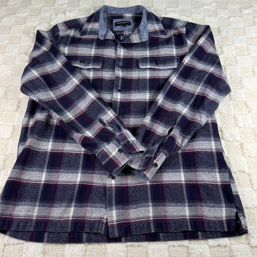 Johnston & Murphy Mens Plaid‎ Flannel Button Down Shirt Purple Grey Medium